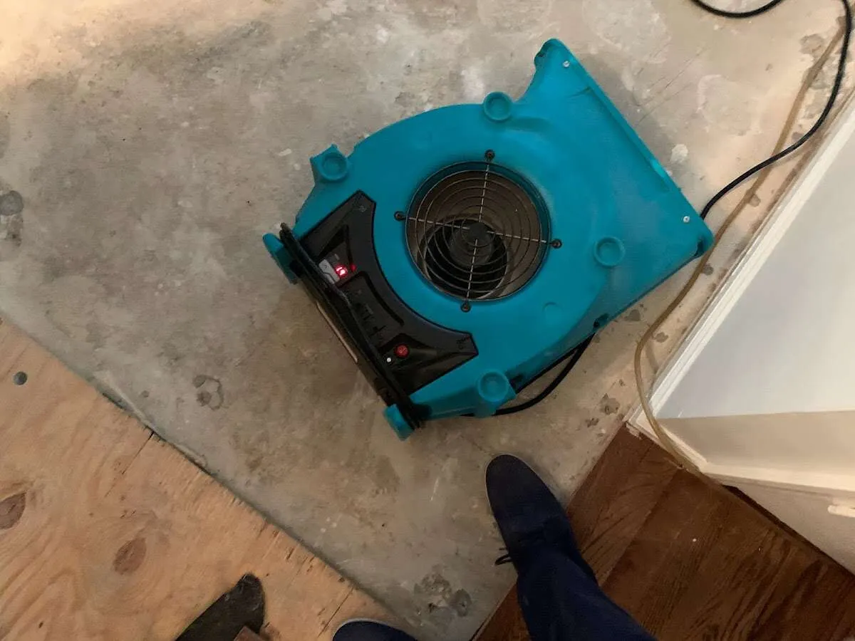 Air mover drying subfloor during Commercial Water Damage Restoration in Shelburne
